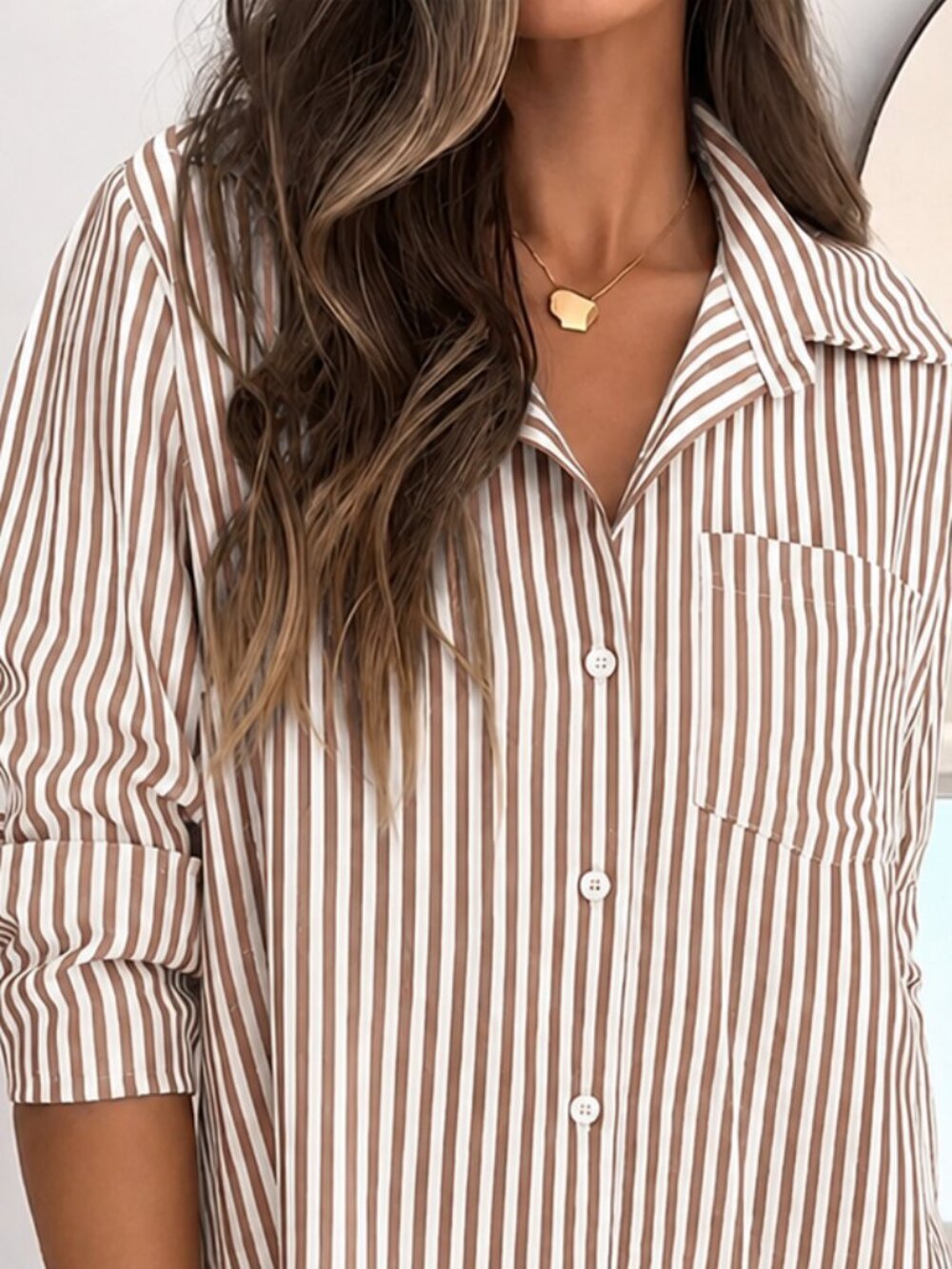 Women's Khaki Striped Button Down Shirt Dress - Picture 3 of 3